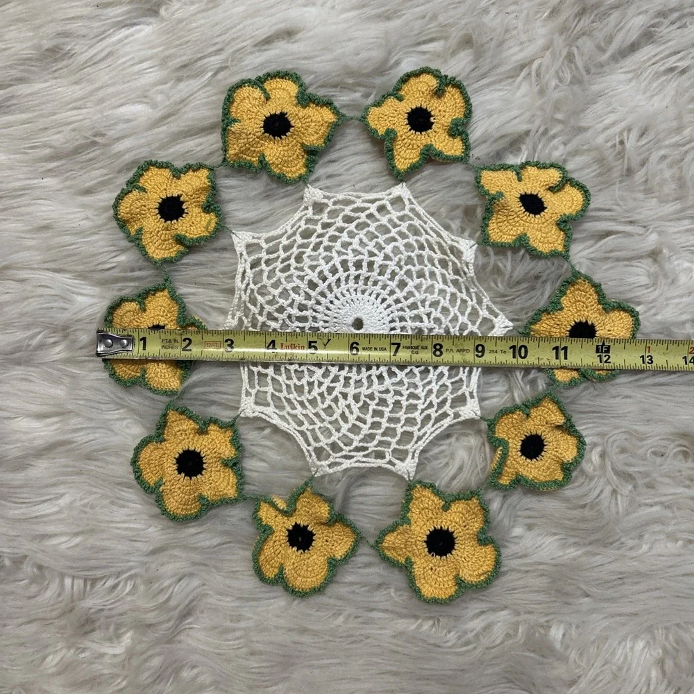 Vintage 2 Handmade Doilies Crocheted Sunflowers Round‎ Yellow Orange Floral